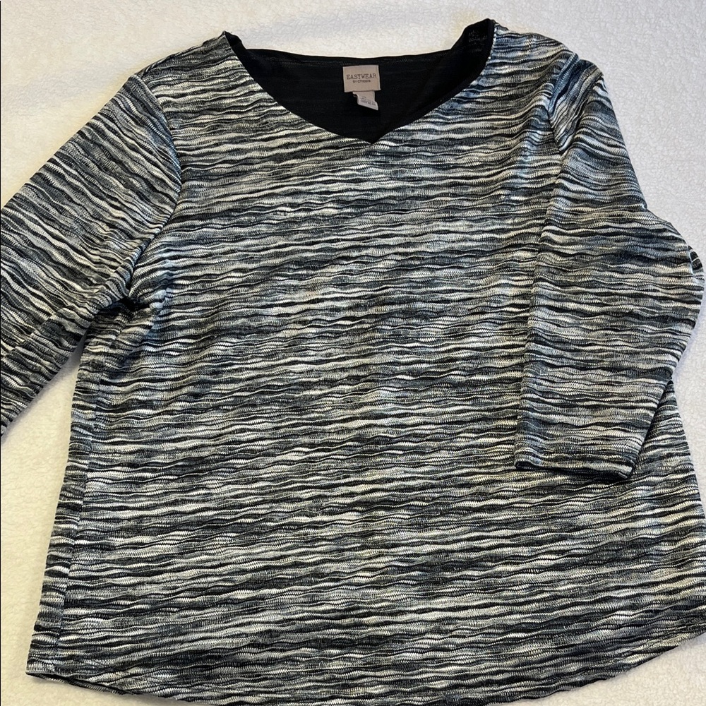 Easywear by Chico’s Black Gray Waves 3/4 Sleeve Pullover Top Flowy Comfy Travel